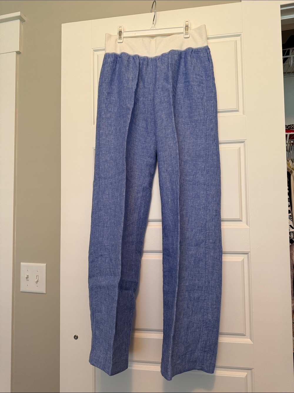 Lilly Pulitzer Blue Linen-Blend Straight Leg Pants with Cream Waistband